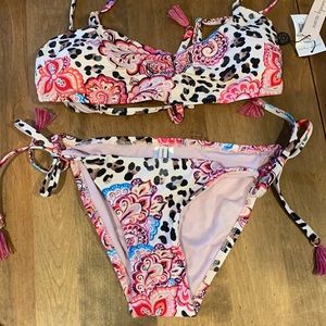 Nanette Lepore Leopard and Paisley Print Triangle Top and Tie Bottoms Bikini Set